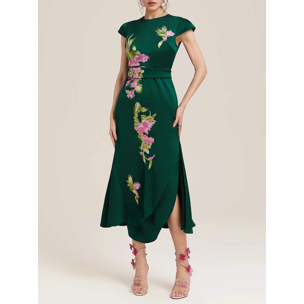NEW Fehaute Green Satin Floral Embroidery Cap Sleeve Slit Sheath Maxi Dress 6